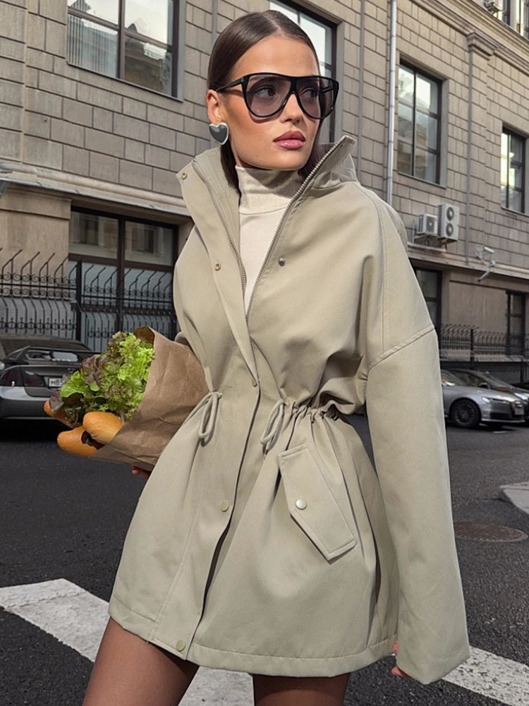 Tossy Stand Collar LaceUp Trench Jacket Fashion Female Autumn 2025 Commute Long Sleeves Casual Womens High Waist Trench Coat 251013