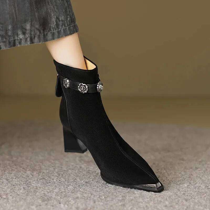 2025 Handmade Brand Genuine Leather New Women Ankle Pointed Toe Solid Mid Heel Shoes Elegant Boots