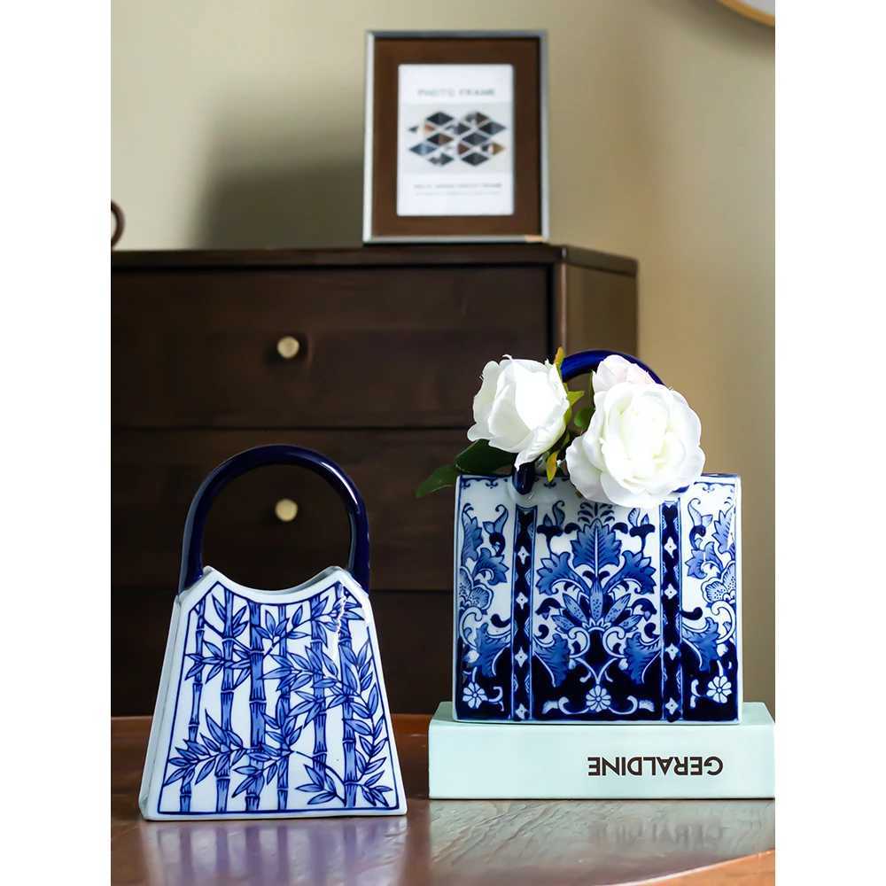 Creative ceramic handbag vase retro blue and white porcelain vase ornaments European style home living room table decoration C251017