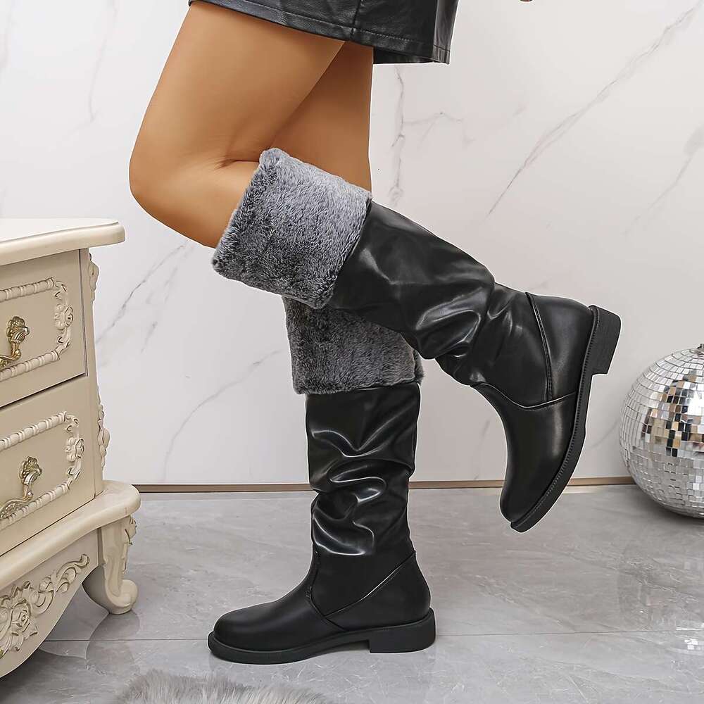 Women's Slip-On Knee-High With Rabbit Faux Fur Collar Elastic Round-Toe Flat Synthetic Cover Upper Rubber Sole Casual, Party, Wedding, Comfortabl