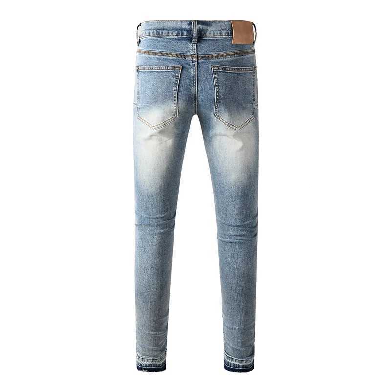 Washed Distressed Light Indigo Rhinestones Cross Patterns Stretch Skinny Button Fly Raw Hem Jeans Y251105