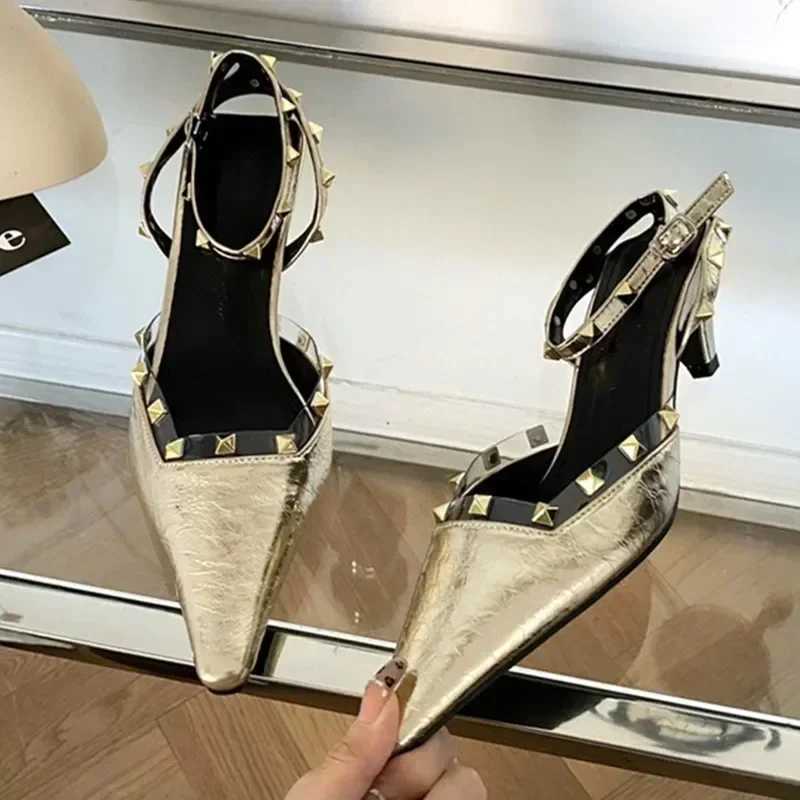 Gold Silver Rivet Designer High Heels Women Sexy Pointed Toe Leather Pattern Women Pumps Slingbacks Heeled Sandals Party Shoes Z251015