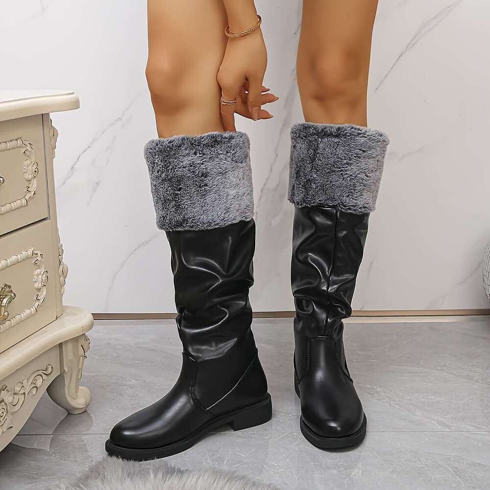 Women's Slip-On Knee-High With Rabbit Faux Fur Collar Elastic Round-Toe Flat Synthetic Cover Upper Rubber Sole Casual, Party, Wedding, Comfortabl