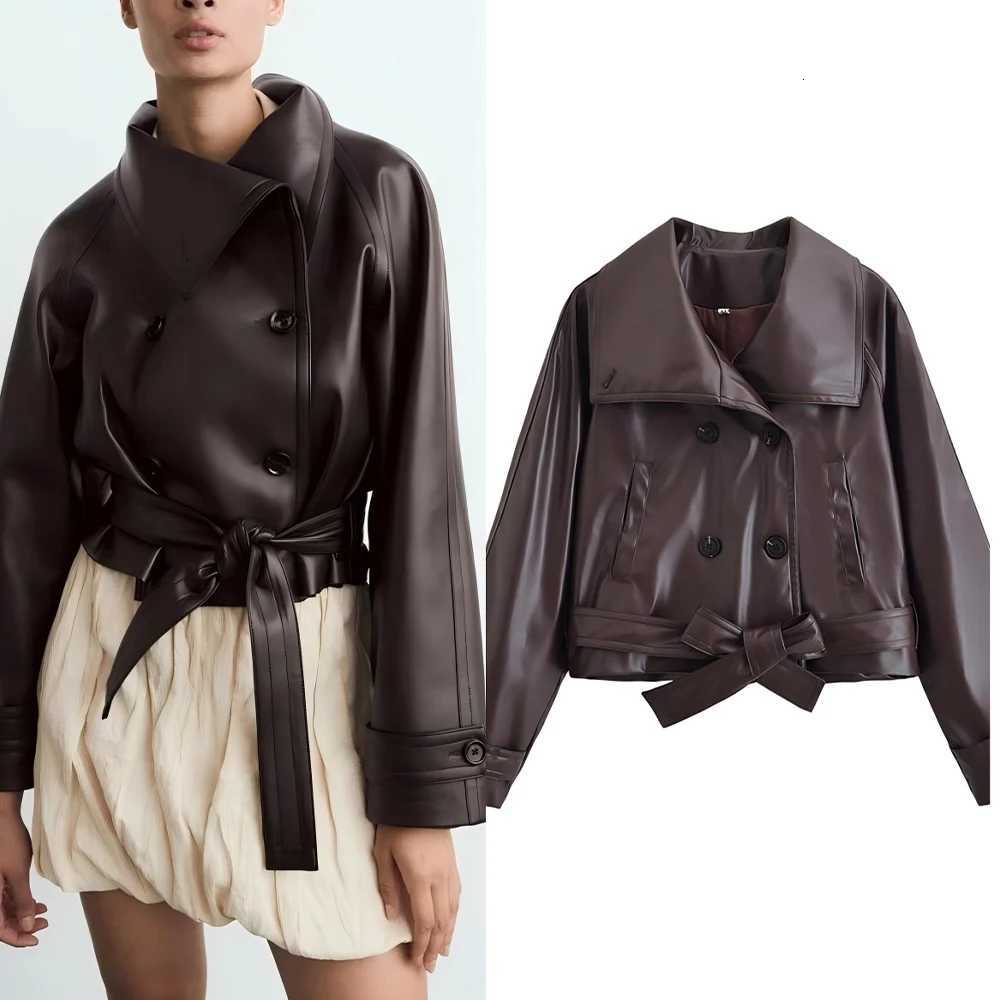 Womens new fashion With Belt lapel short double breasted faux leather Windbreaker coat retro long sleeved womens coat chic topT251017