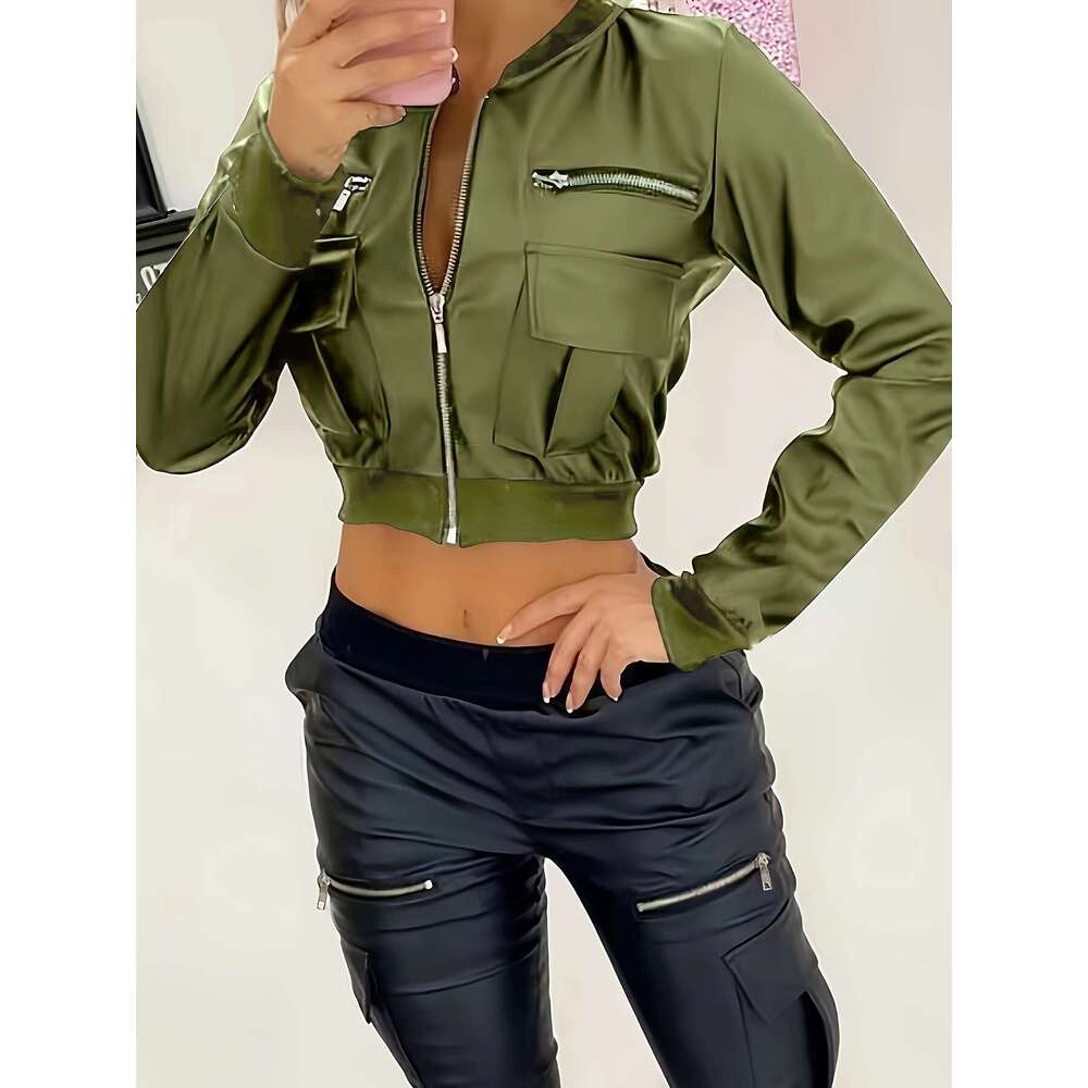 Zipper Solid Crop Jacket, Y2k Long Sleeve Jacket For Spring & Fall, Women's Clothing