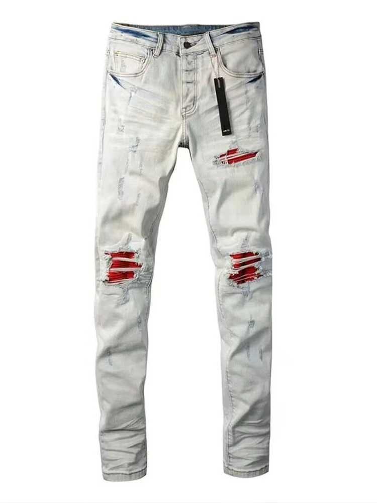 High Street Mens Vintage Jeans 1 Streetwear Elastic Slimfit Jeans with Ripped Patches New Style Vintage Long Trousers Y251105