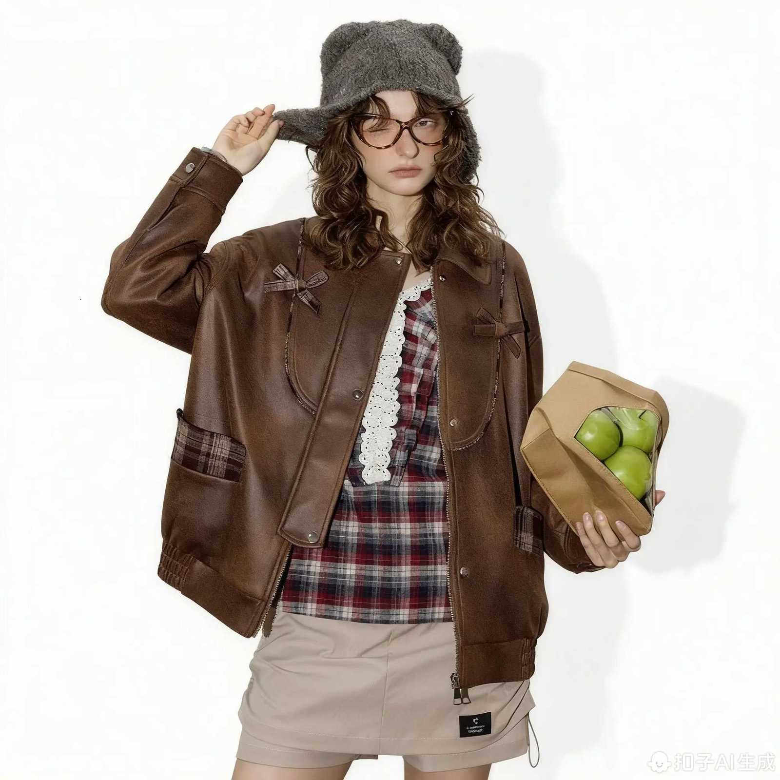 New Arrivals Womens Short Leather Jacket Vintage Y2K Style Loose Fit Plaid Patchwork Design Retro Oversized Autumn OuterwearT251017