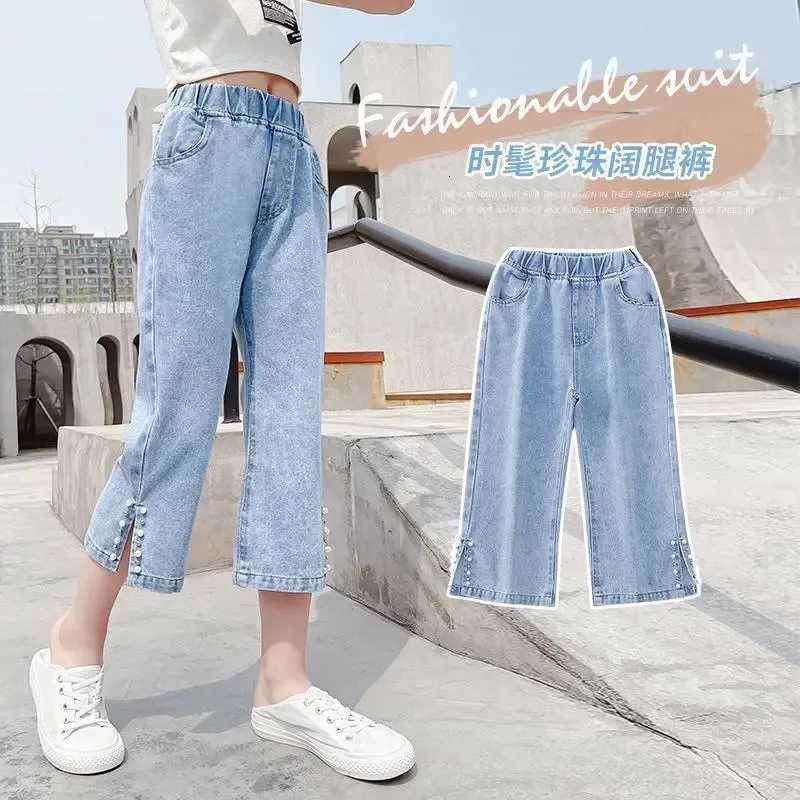 New Fashion Pearl Children Wide Leg Pants Summer Casual Kids Cropped Trousers For Teenager Girls Jeans 4 6 8 10 12 13 YearsT251017