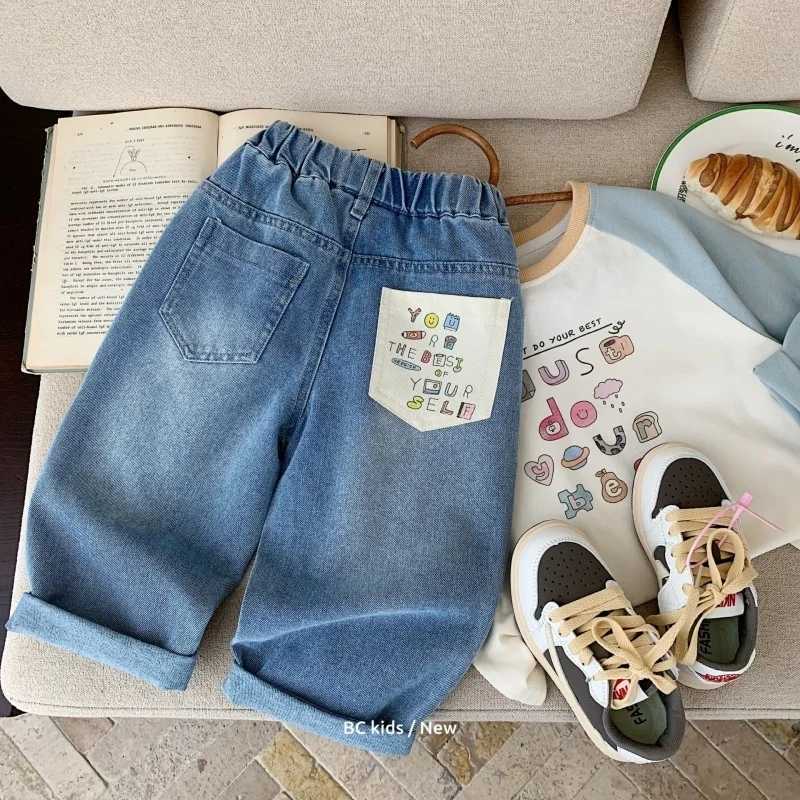 Kids Pants Boys Korean Childrens Pocket Clothing 2025 Spring New Trousers Straight Wide Legs Jeans Spring New High Quality1 2 3T251017