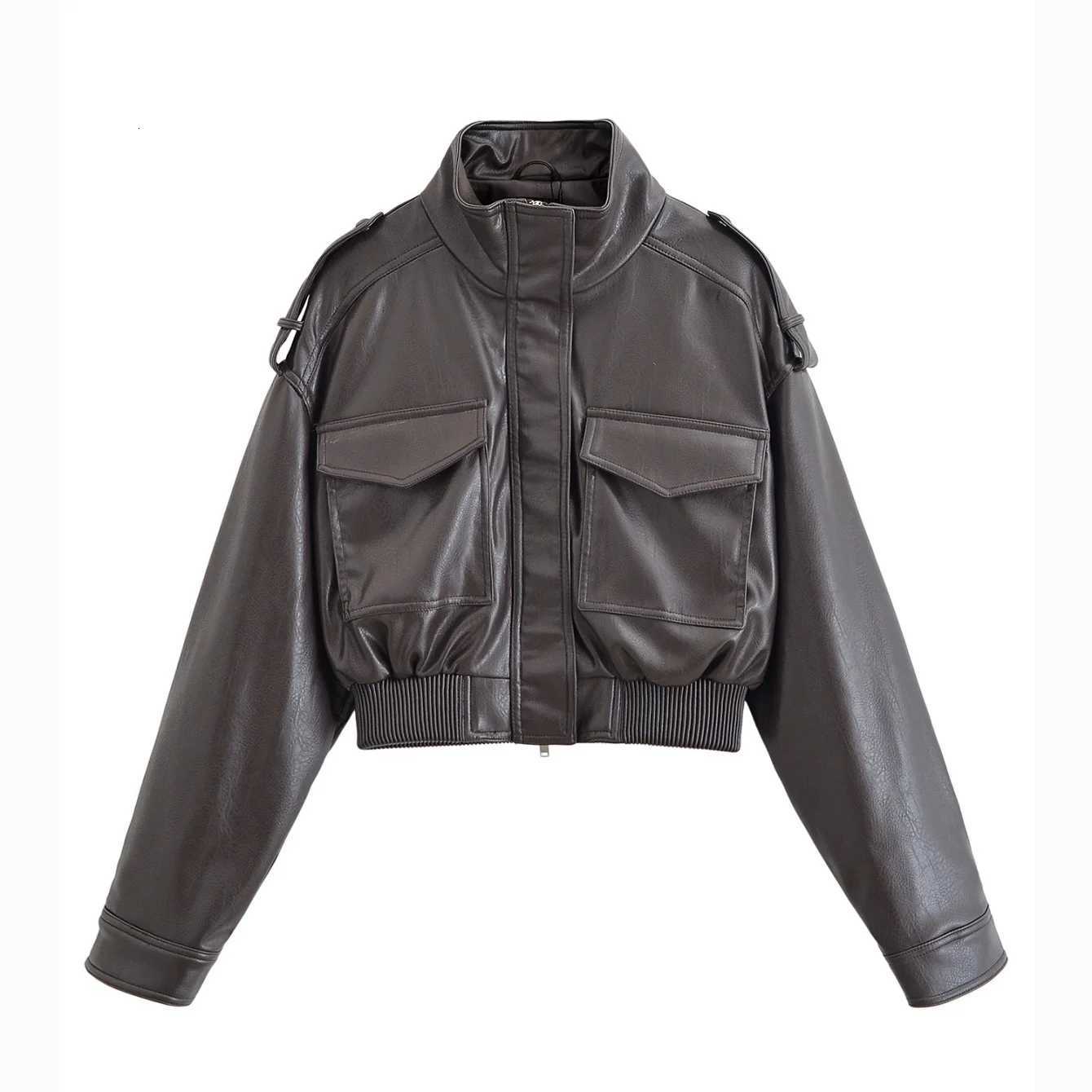 Women Autumn Winter Vintage Faux Leather Jackets Coat Pockets Loose Stand Collar Long Sleeve Zipper Coat Lady Chic JacketT251017