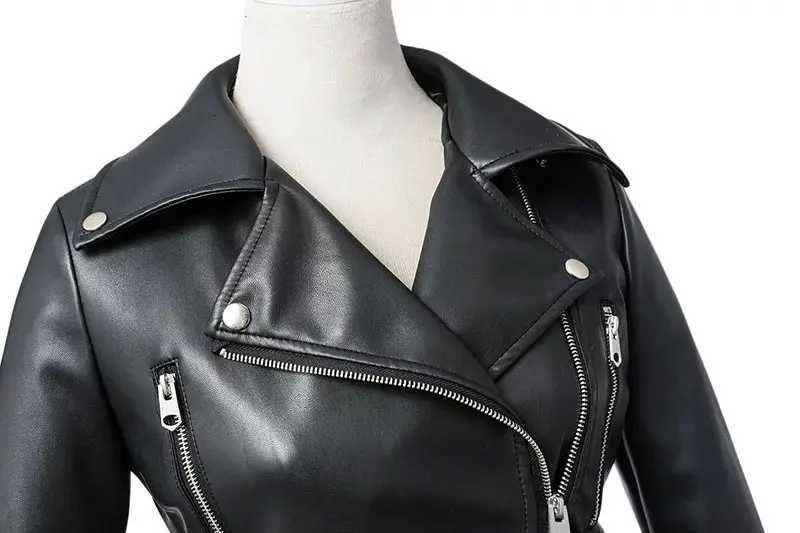 New Women Spring Autumn Black Faux Leather Jackets Zipper Basic Coat Turndown Collar Motor Biker Jacket With BeltT251017