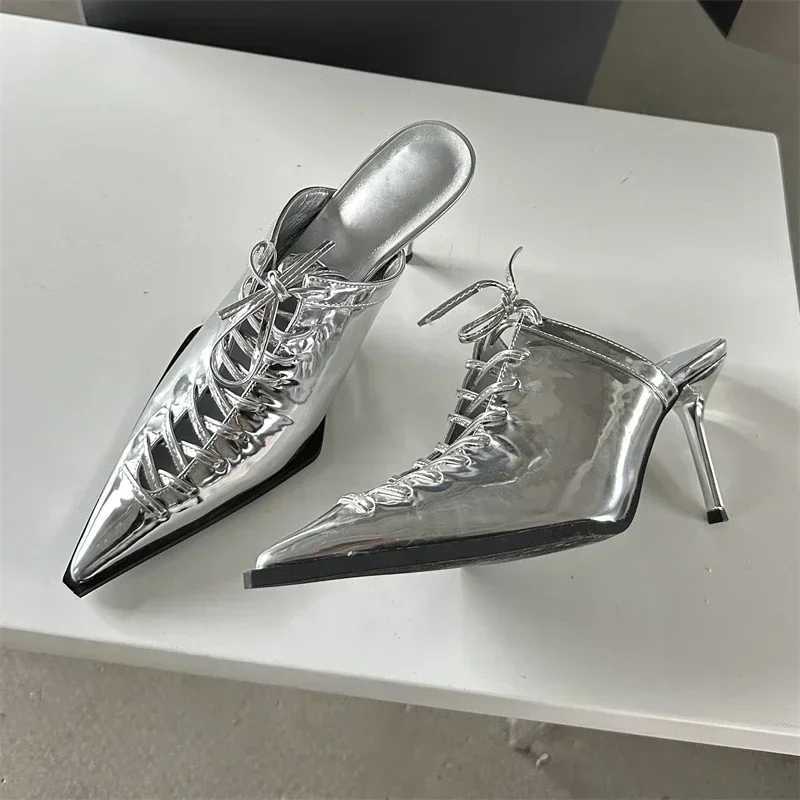 New Sexy Ttied Laceup Pointed Toe Women Pumps Slippers 2025 Summer Elegant Thin High Heels Party Prom Mules Shoes for Women Z251015