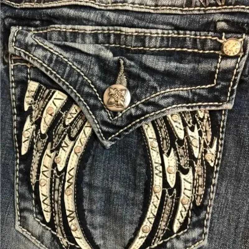 American Retro Miss Me Boots Tailored Baggy Jeans Female Y2K New Embroidered Wing Pocket Harajuku Gothic HipHop WideLeg Jeans L251017