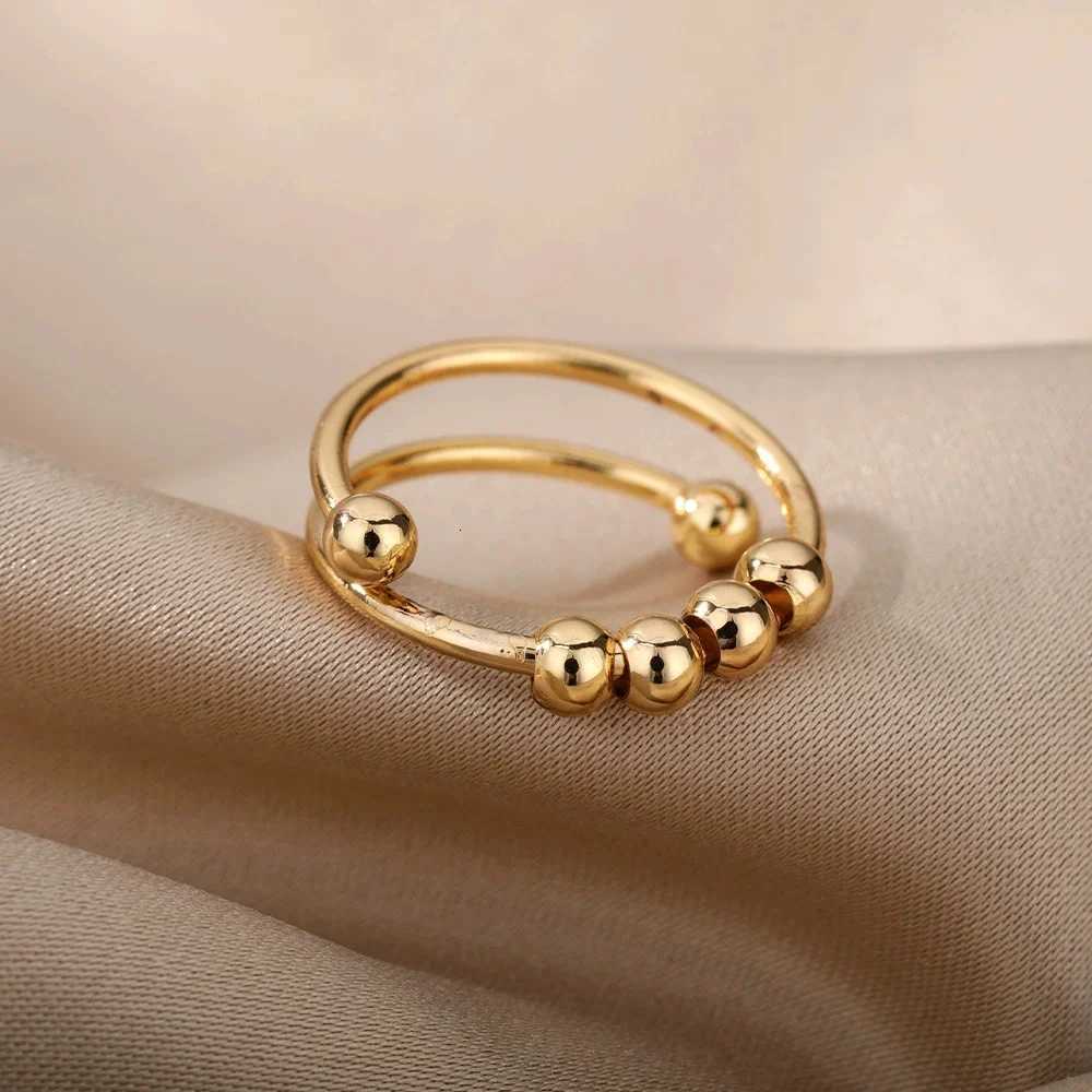 New Anxiety Balls Beads Rings for Women Open Spinner Adjustable Finger Ring Stainless Steel Rotating Freely Anti Stress GiftW251017