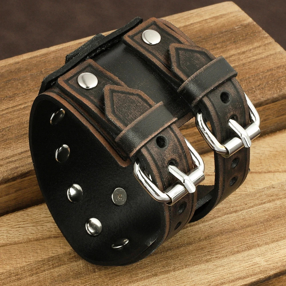 Vintage Punk Leather Cuff Strap 20mm Mens Wrist Watch Band with Mat Double Buckle Rivet Watchband Bracelet Watches Accessories 251016