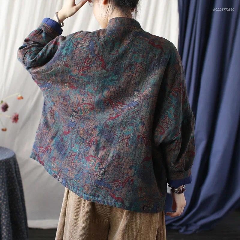 Women's Jackets Pastoral Cotton Pattern Printed Short Cotton-padded Jacket Womens Autumn-winter Vintage Disc Buckle Loose Version Thickened
