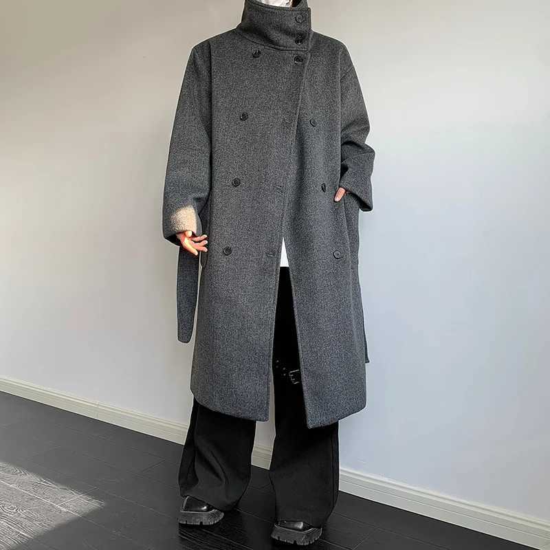 Mens DoubleBreasted Wool Blend Overcoat with Belt Loose Fit Solid Color Stand Collar MidLength Trench Coat for Autumn Winter J251017