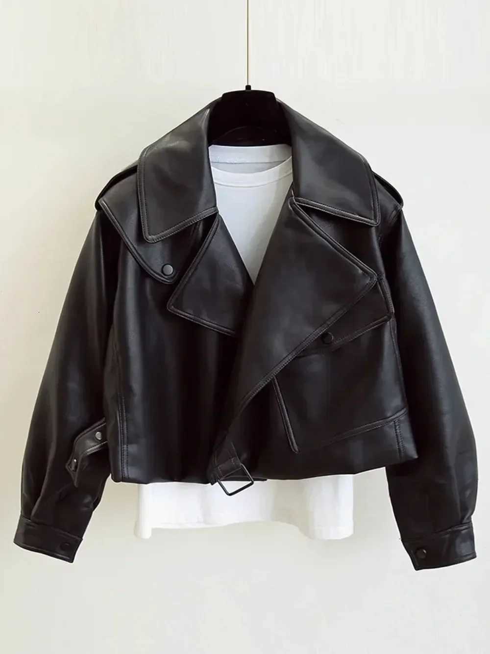 New Spring Women Faux Leather Jacket Biker Coat Turndown Collar PU Motorcycle Jackets Loose Streetwear Outerwear High StreetT251017