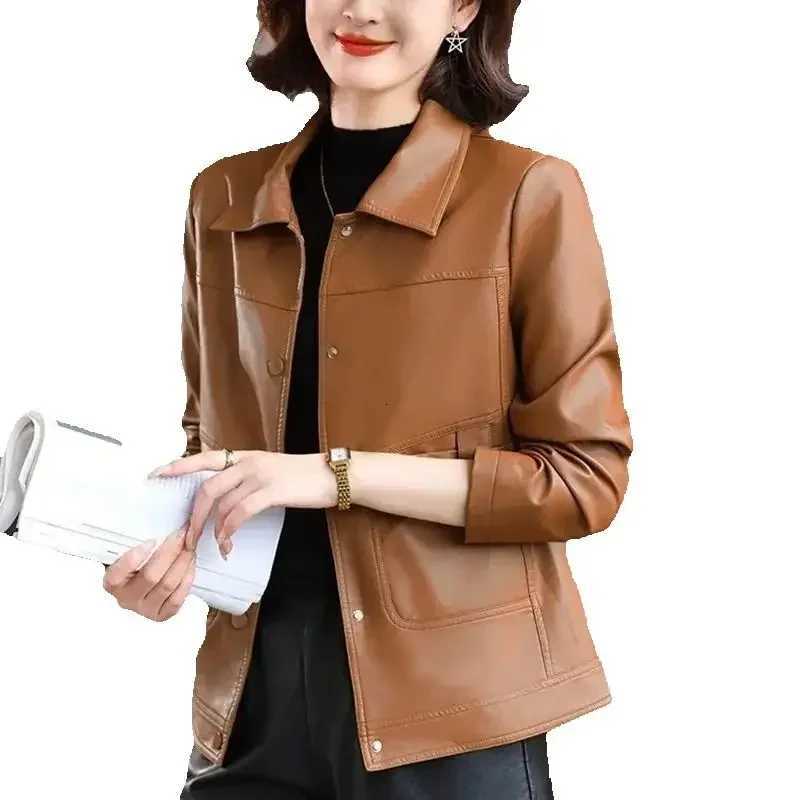 Brown PU leather Jackets Womens HighEnd New Spring Autumn Casual Short Jacket Leather MidAged Mother Coat Brown Leather CoatT251017