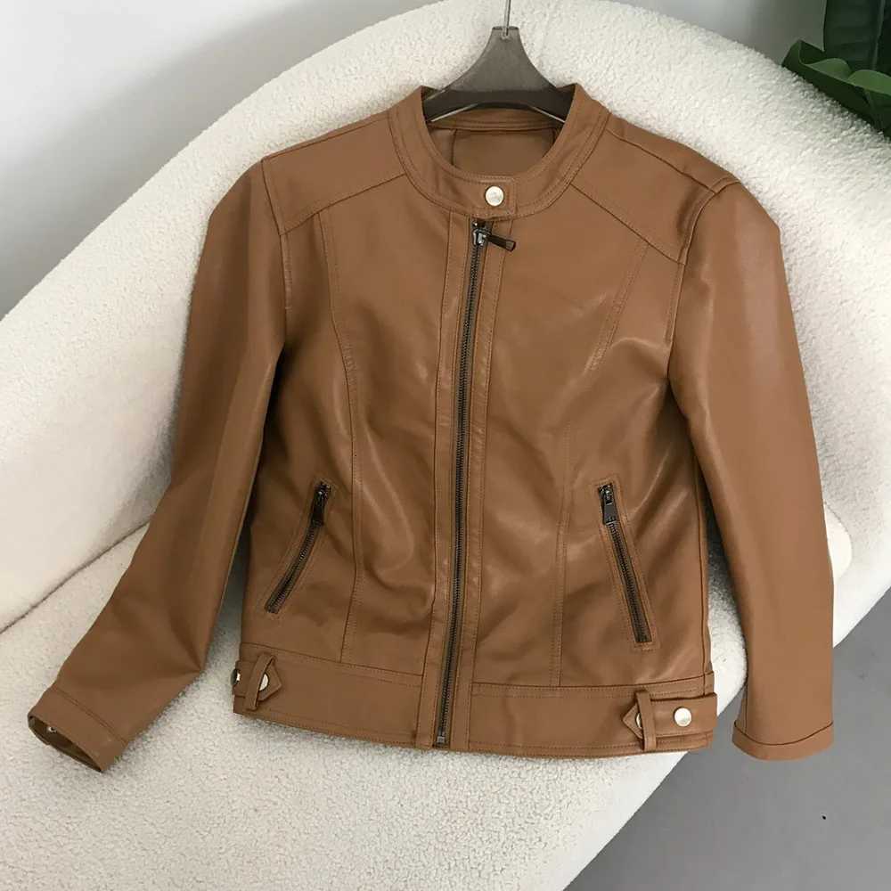 PU Leather Jacket 2024 Spring Autumn Style Round Neck Casual Fashion Slim Versatile Trendy Motorcycle Faux Leather Jacket WomenT251017