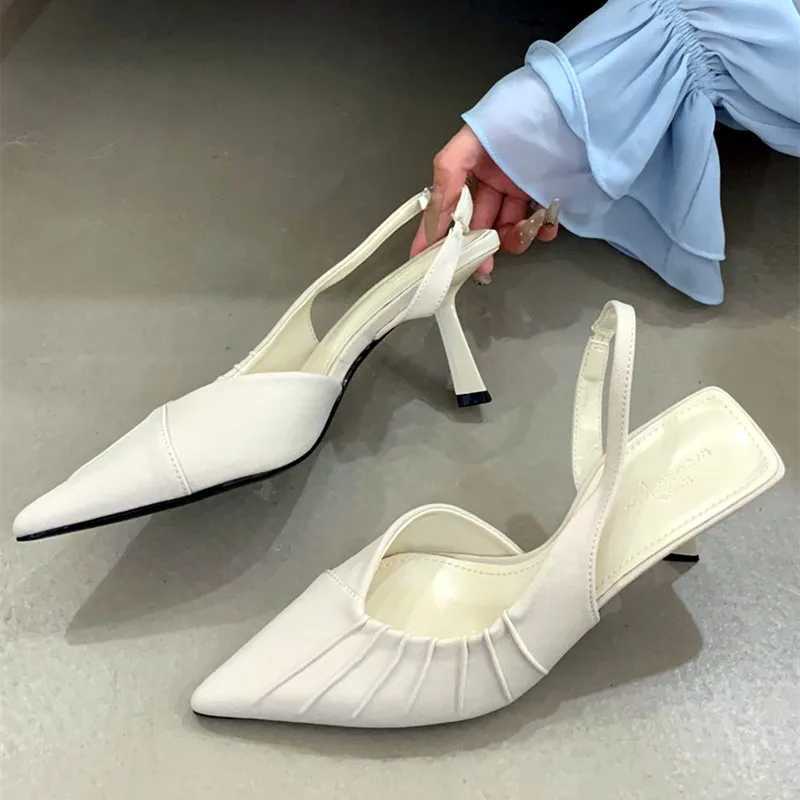 Flannel Pleated Pointed Toe High Heels Women Simple Buckle Strap Thin Heeled Sandals Summer Elegant Outdoor Casual Office Shoes Z251015