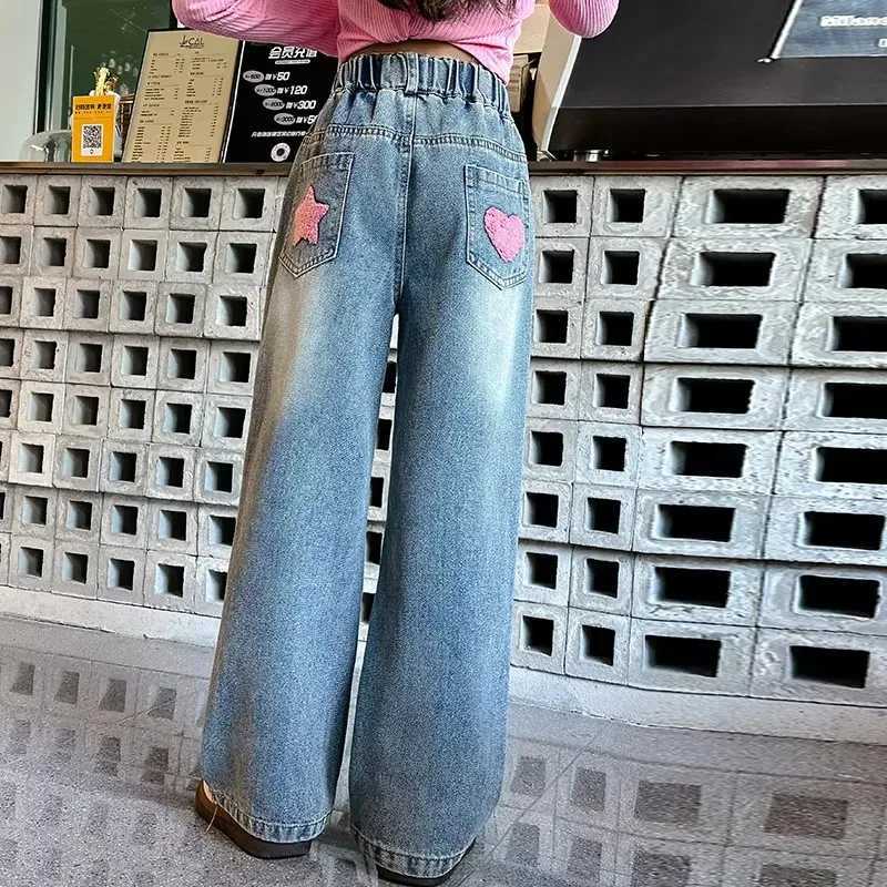 2025 New Elegant Teen Girl Heart And Letter Jeans For Teen Girl Fashion Kids Denim Pants Girls Wide Leg Trousers 5 To 14 YearsT251017