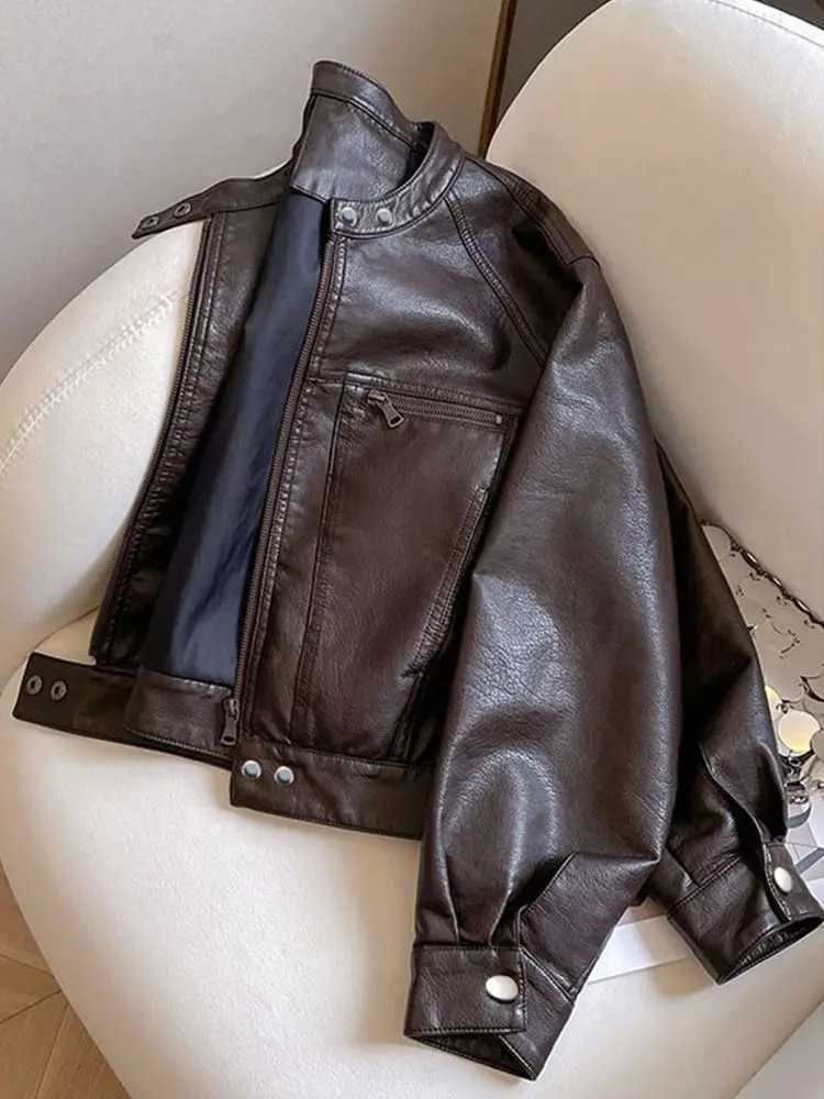 American Locomotive Clothing Short PU Leather Jacket Womens 2025 Spring And Autumn New Small Design StandUp Collar Jacket tideT251017