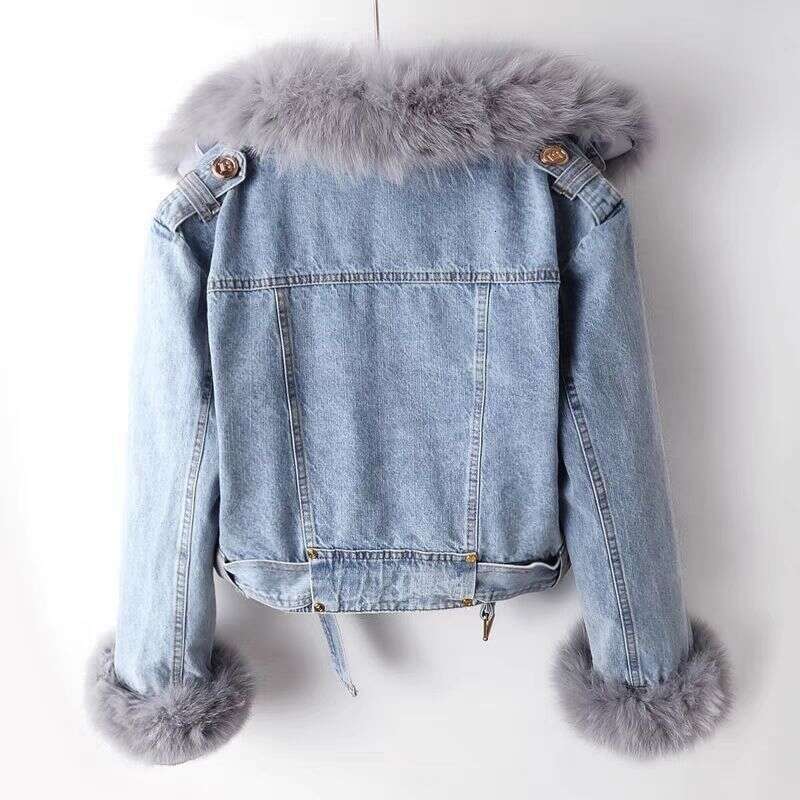 hoodie Women's Detachable Faux Fox Fur Lined Denim Jacket Short Parka Coat Winter Warm Outerwear Casual Streetwear jacket