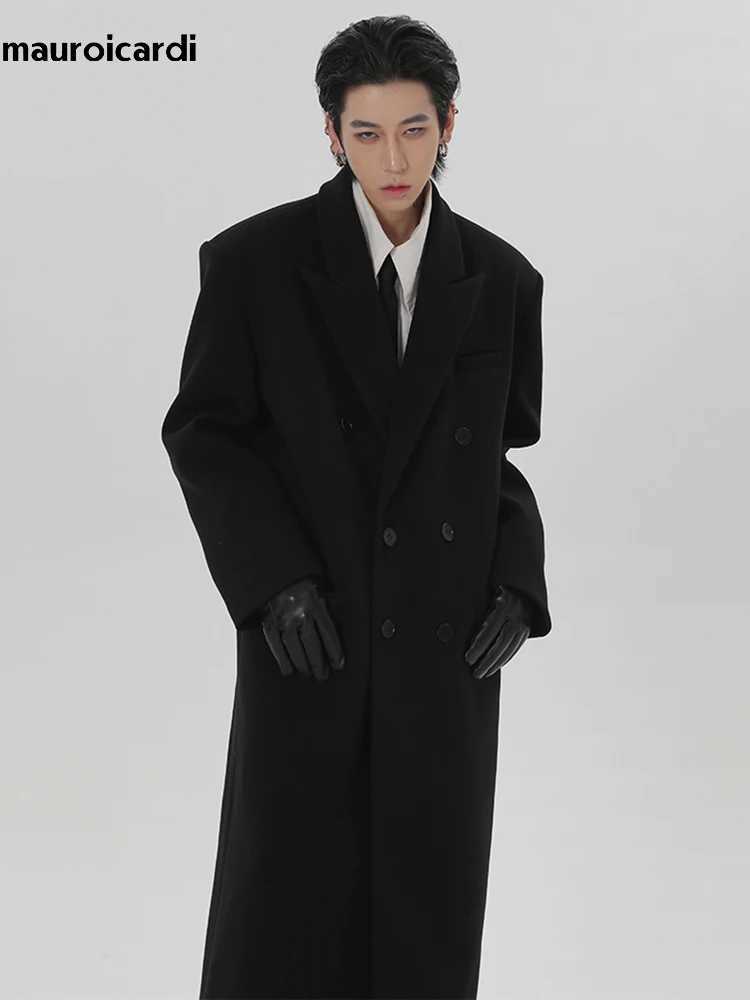 Mauroicardi Autumn Winter Extra Long Black Oversized Warm Wool Blends Coat Men Shoulder Pads Double Breasted Luxury Outerwear J251017