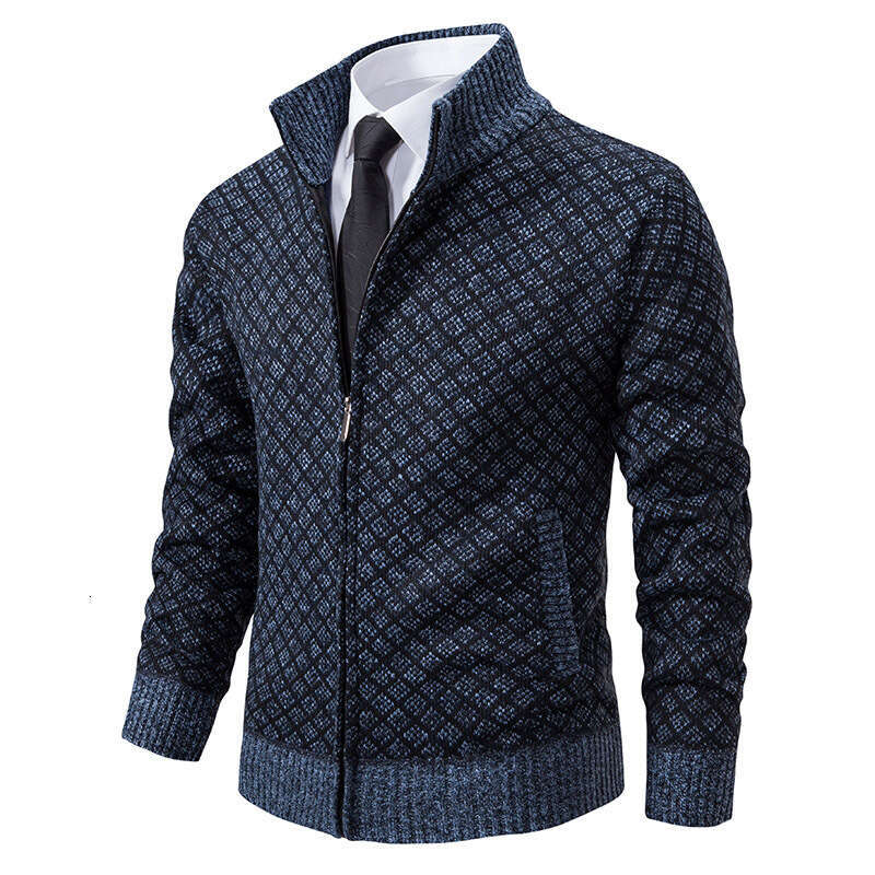 Autumn Winter Fashion Plaid Jacket Coat Men's Trendy Stand Collar Slim Fit Long Sleeve Casual Knitwear B5