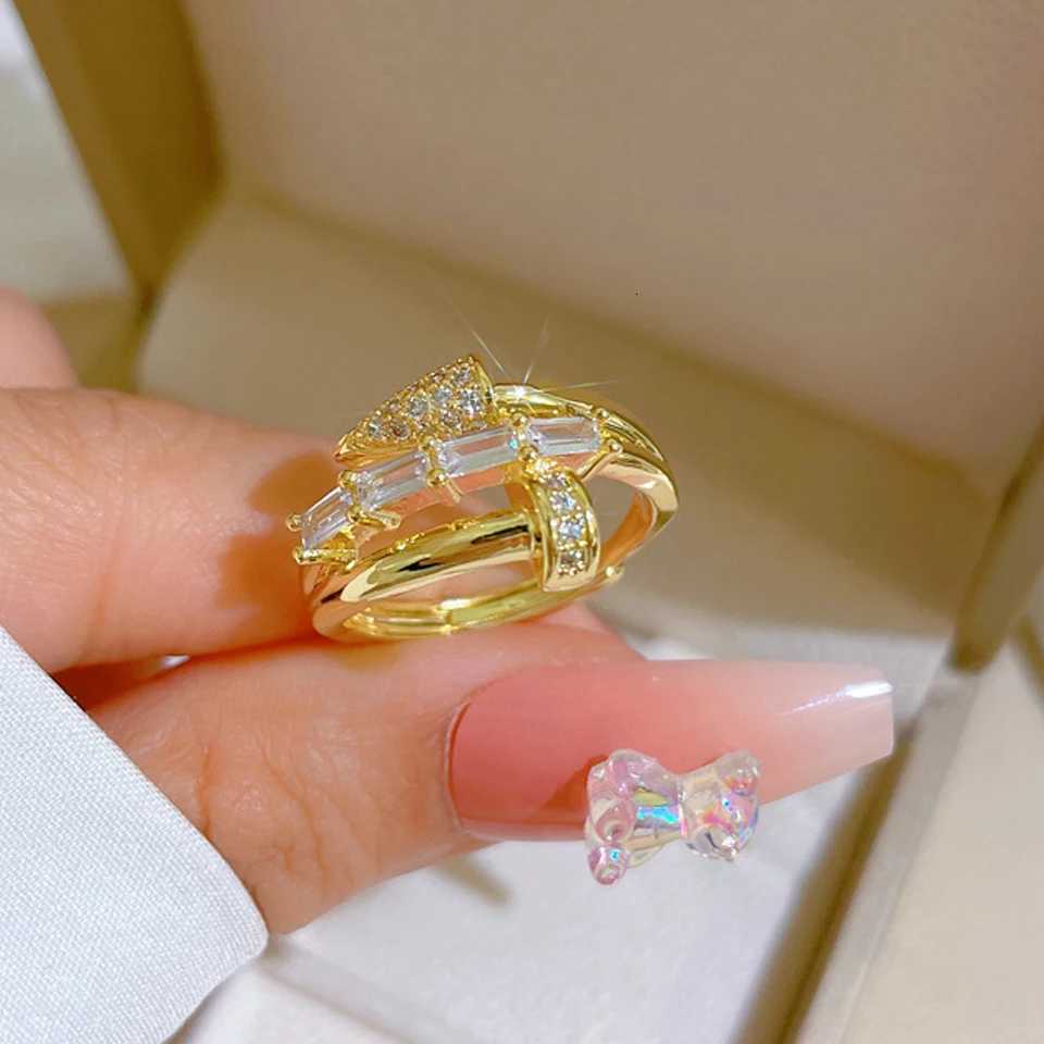 ZAKOL Korean Fashion Threelayer Shiny Zircon Nail Open Ring for Women Engagement Wedding Party Jewelry Gift Z251017