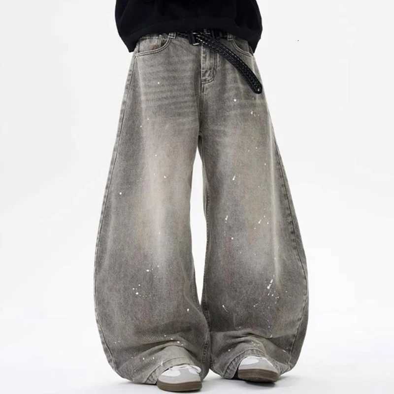 Korean Retro Vintage Gray Splashed Ink Design Jeans MenS Street Baggy Pants Casual HipHop Pants Y2k Jeans Y251105