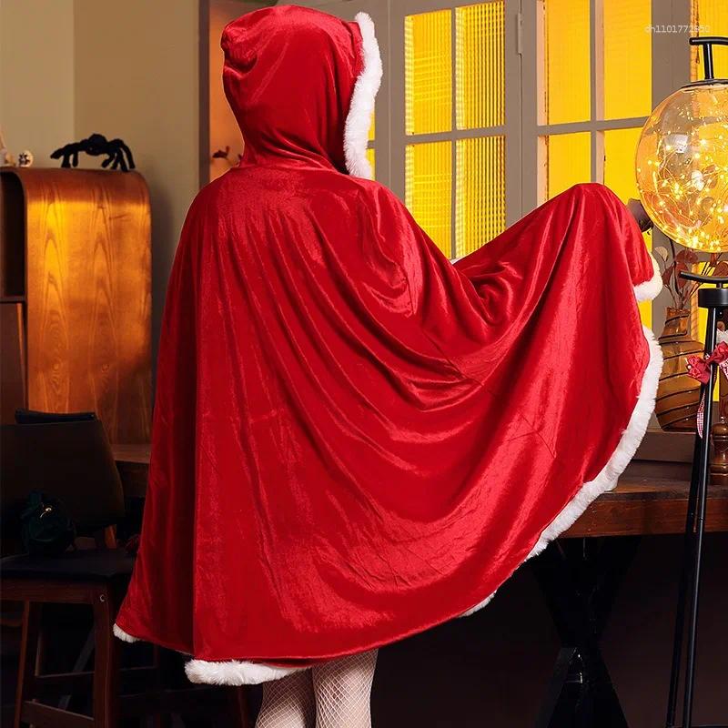 Ethnic Clothing Yellow & Red Velvet Battle Gown Festive Party Cloak With Fur Trim Christmas Performance Mantle