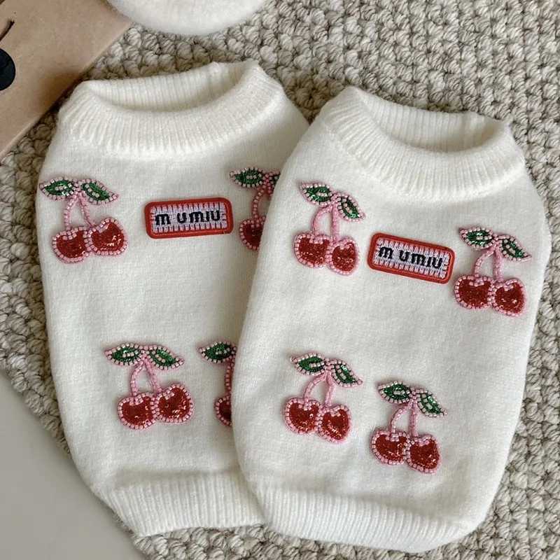 Small Dog Teddy Sweater Pet Cute CherryPrint Winter Warm Clothes Bichon Knit Pullover Maltese FruitPrint ClothingW251017