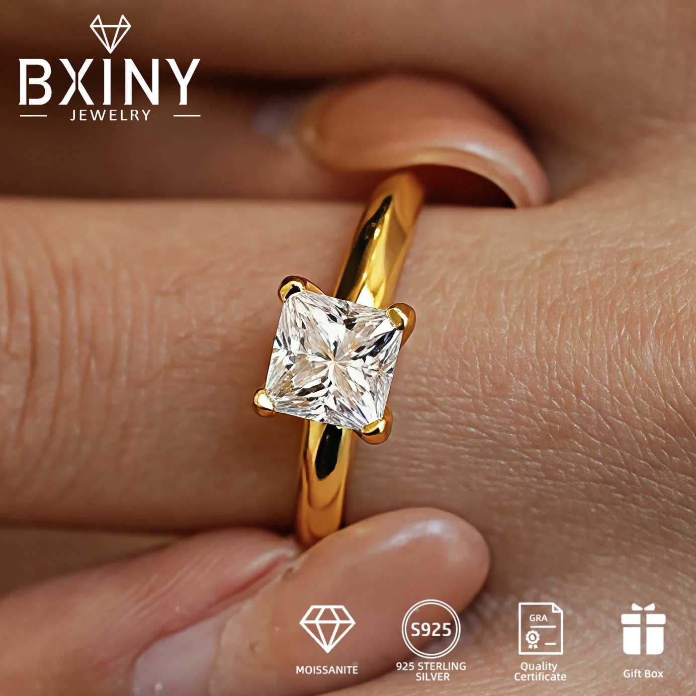 BXINY 1Carat Princess Cut Moissanite Rings S925 Silver 18K Gold Plated Lab Diamond Solitaire Wedding Bands for Women Jewelry GRAW251017