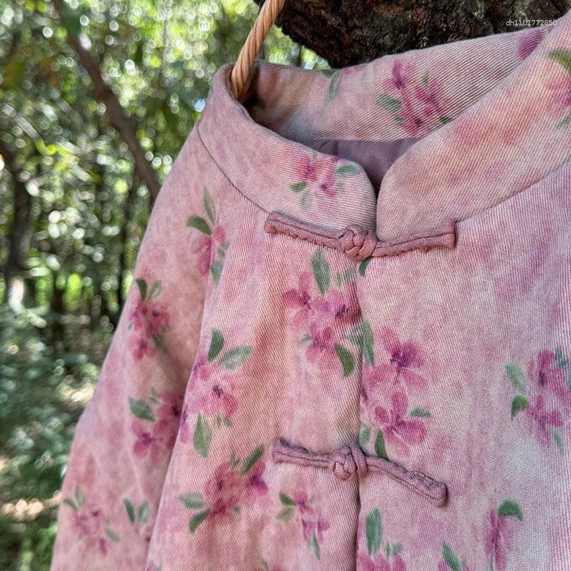 Women's Jackets Thick Warm Cotton Linen Casual Coats Women 2025 Autumn Chinese Style Vintage Floral Print Loose Female Padded M176