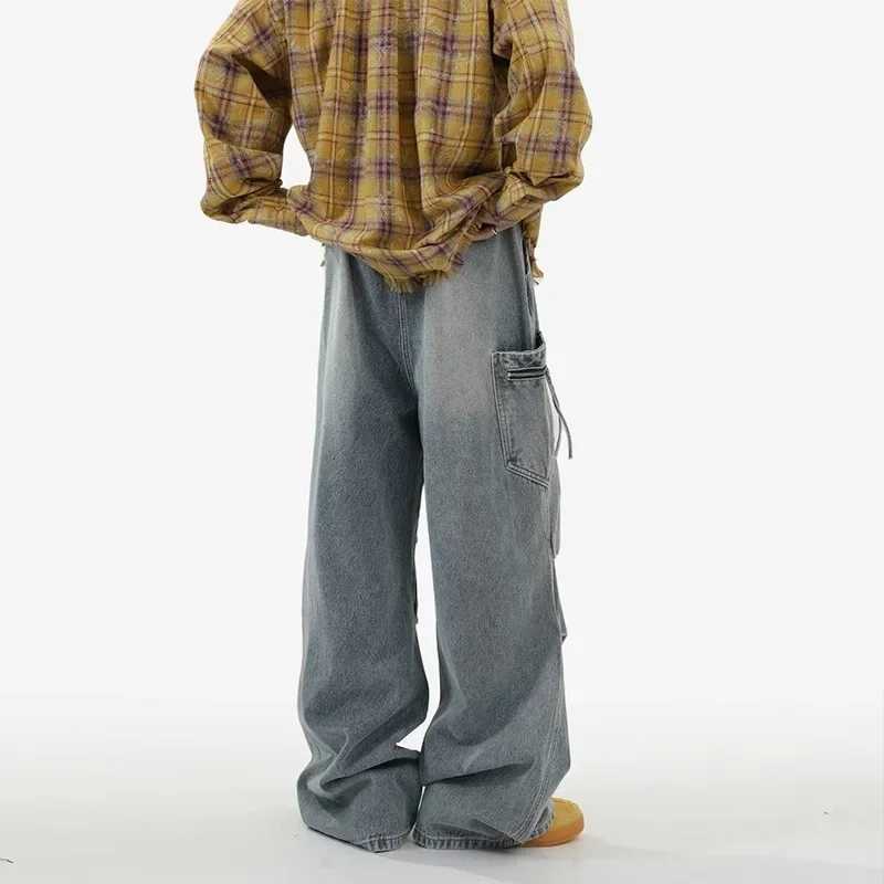 1 Washed Vintage Wide Leg Mens Jeans High Street Loose Straight Casual FloorLength Trousers Y251105