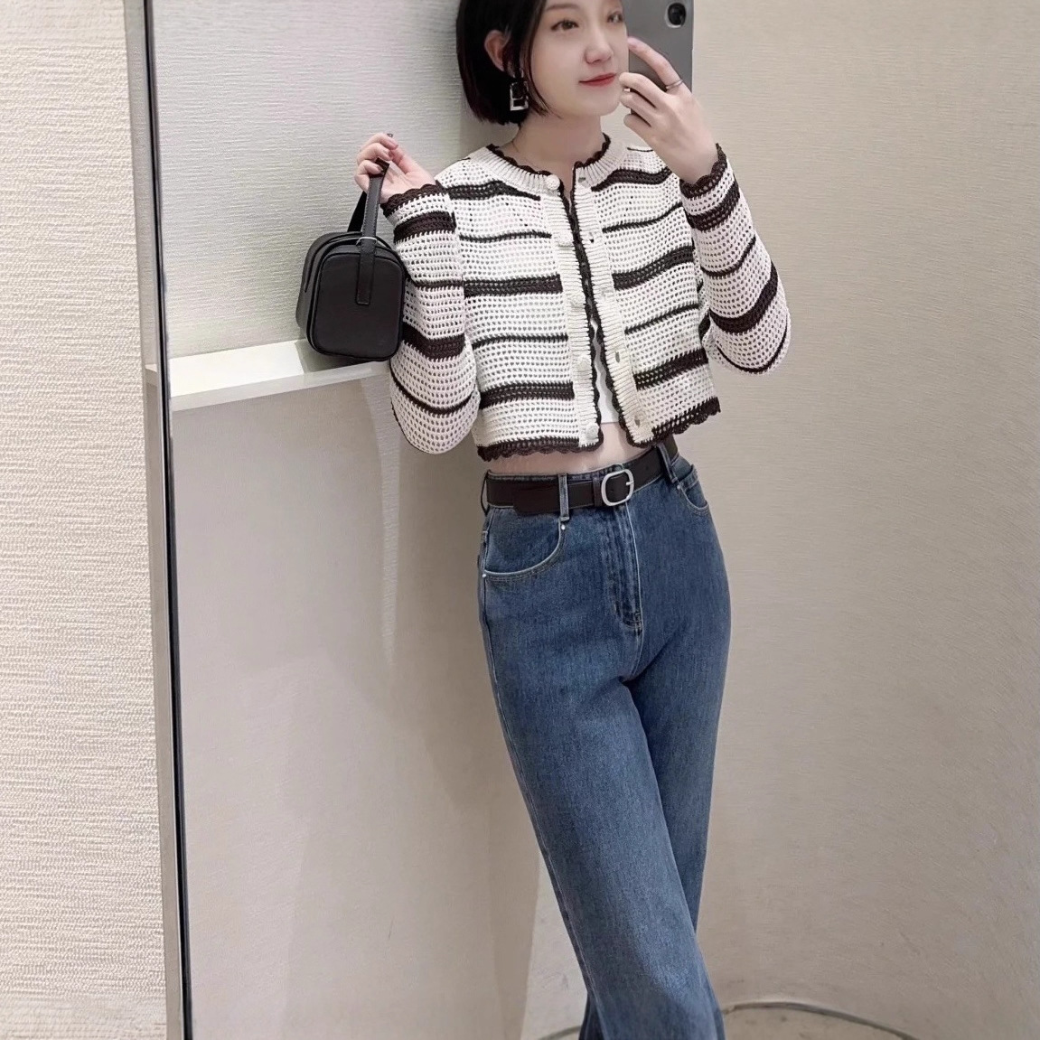 2025 Autumn New Fashion Striped Hand Crochet Lace Knit Cardigan for Women Short Sleeve Top Sweater for