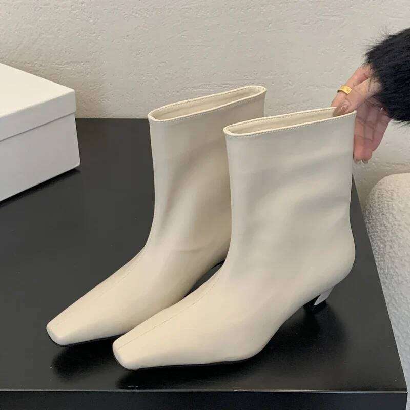 2026 White Elegant Pointed Toe Sewing Leisure Thin Heels Women Boots Mid-Calf Brown Shoes Spring/Autumn