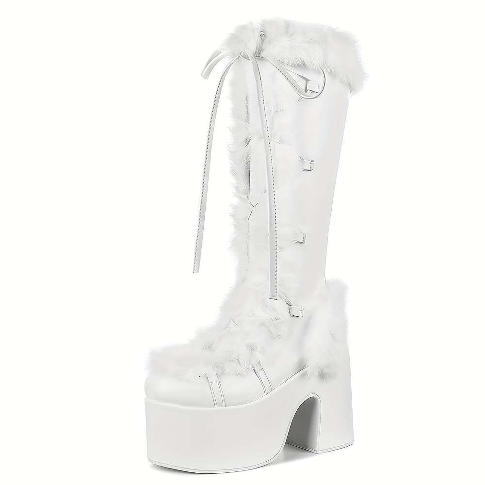 Women's Warm Stylish Snow Knee Boots Faux Fur Fuzzy Round Toe Chunky Block High Heel Lace Up Thick Bottom Platform Wedges Fashionable Comfortable