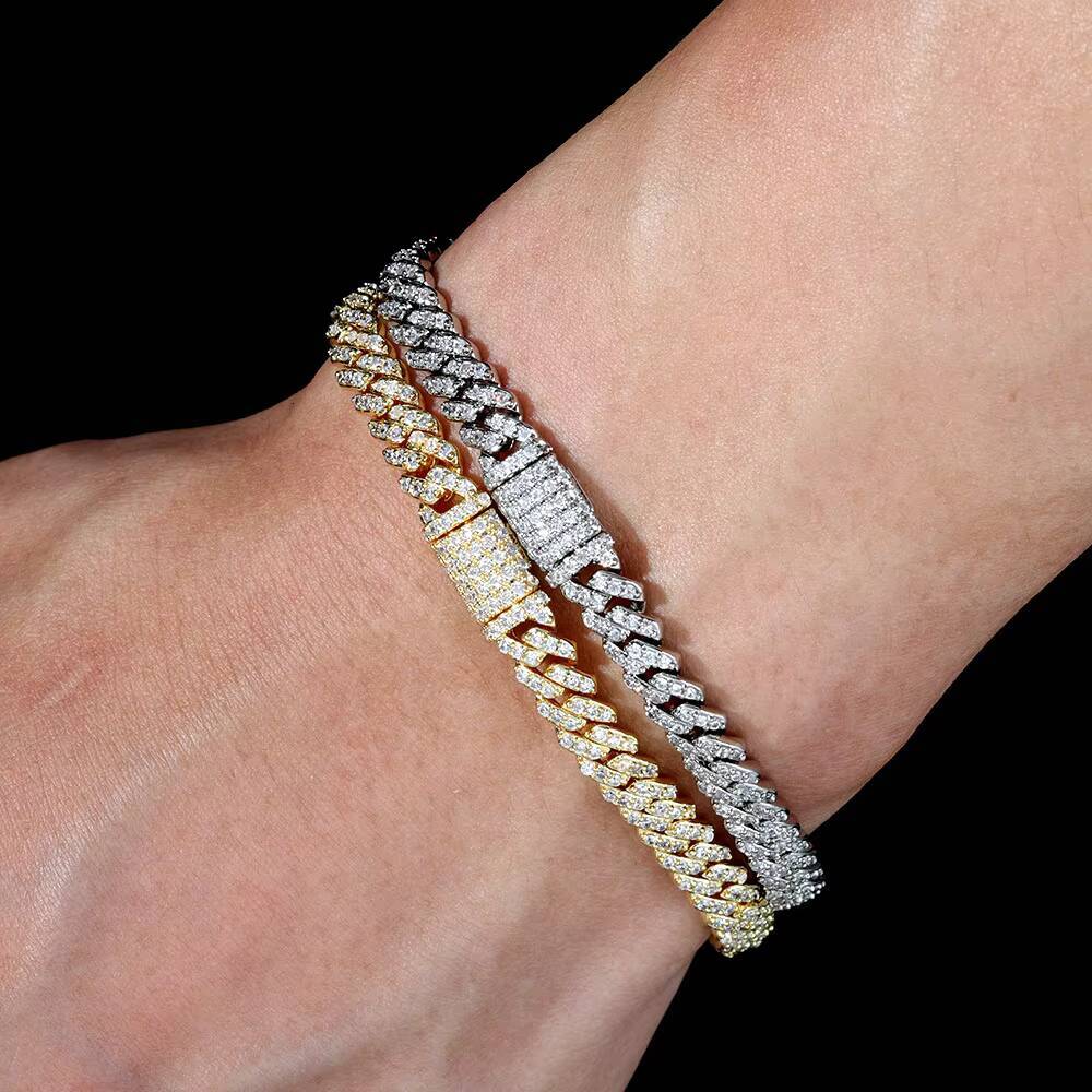 moissanite bracelet NUOYA Hip Hop Bracelet 925 Silver Iced Out Cuban Link Pass Diamond Test Custom 6mm Width 1 Row Cuban Chain Moissanite Bracelet