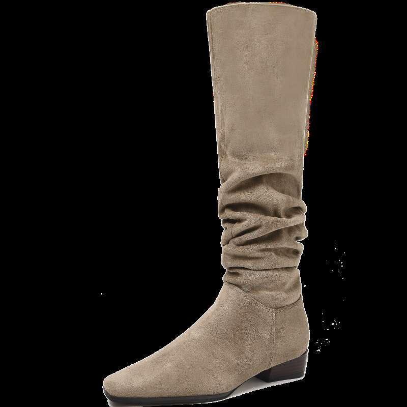 Cameido Women's French Style High - Tube Long Pointed Toe Chunky Heel Suede Pleated Stack Western Boots