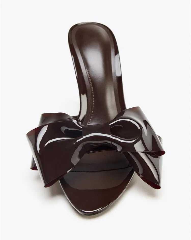 Sexy Peep Toe Thin Heeled Sandals Women Patent Leather Butterfly Knot Decoration Slippers Elegant Pointed Toe Party High Heels Z251015