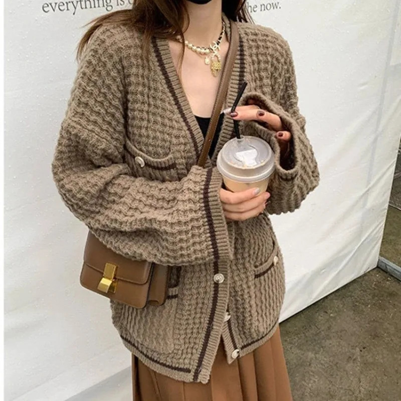 Fashion Vneck Loose Fit Color Blocked Long Sleeve Womens Knitted Coat Spring Autumn Versatile Lazy Style Casual Lady Cardigan 251013