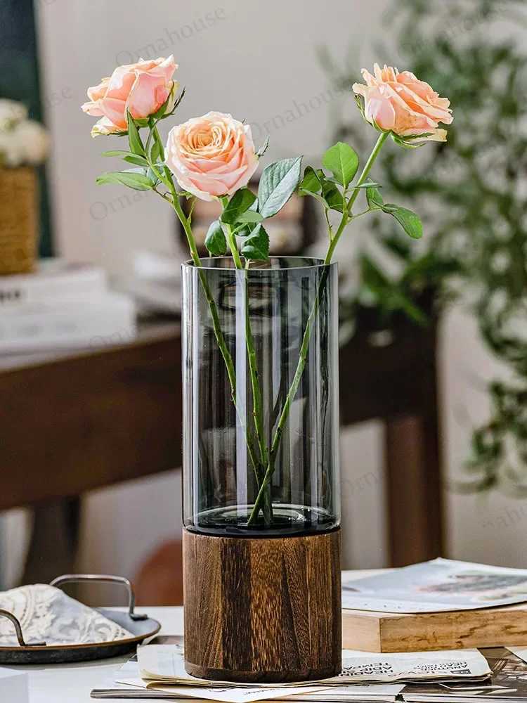 Modern Simple Creative Glass Vase with Wooden Base for WaterGrown Flowers Living Room Dining Table Decorative Flower Arrangemen C251017