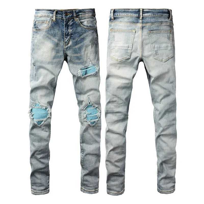 Mens Light Blue Pleated Patchwork Stretch Denim Jeans Streetwear Holes Ripped Pencil Pants Trendy Slim Skinny Trousers1 Y251105
