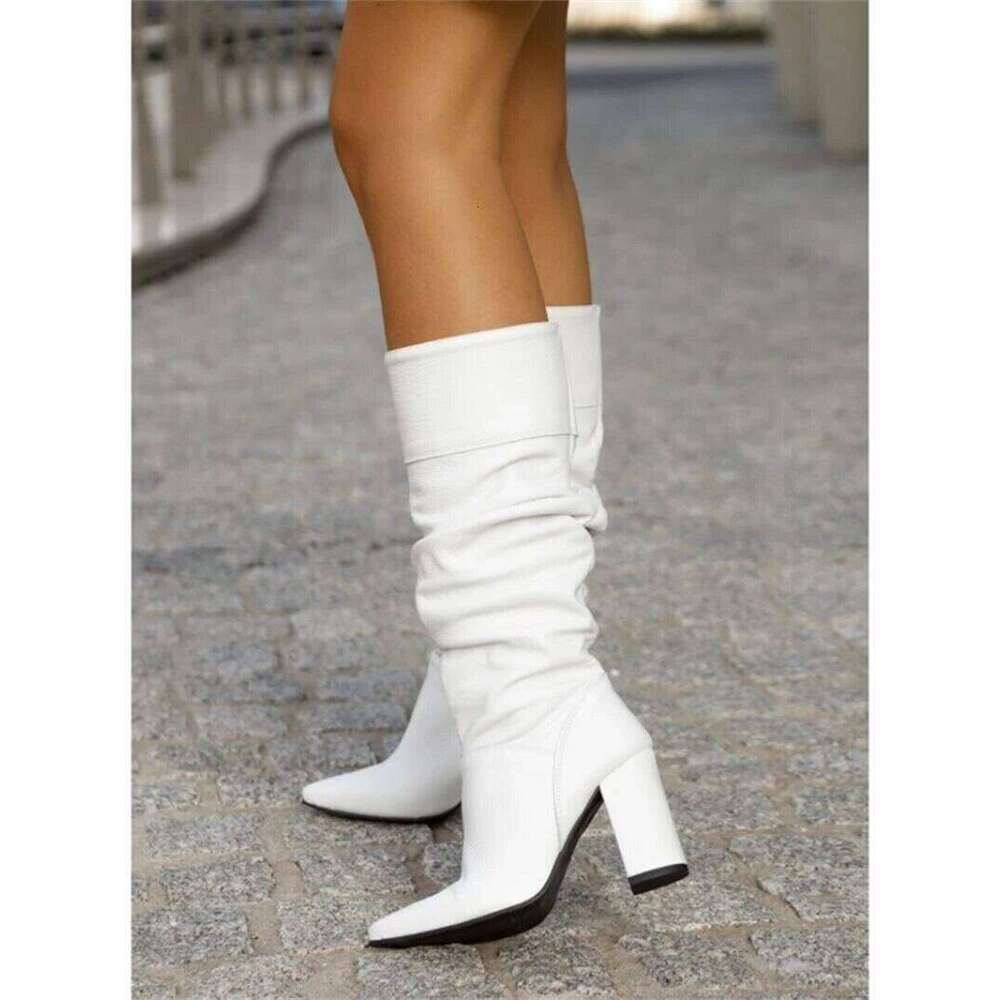 2023 Winter Designer Suede Casual High Heels Shoes For Women Retro Elegant Lady Mid Calf Boots Plus Size