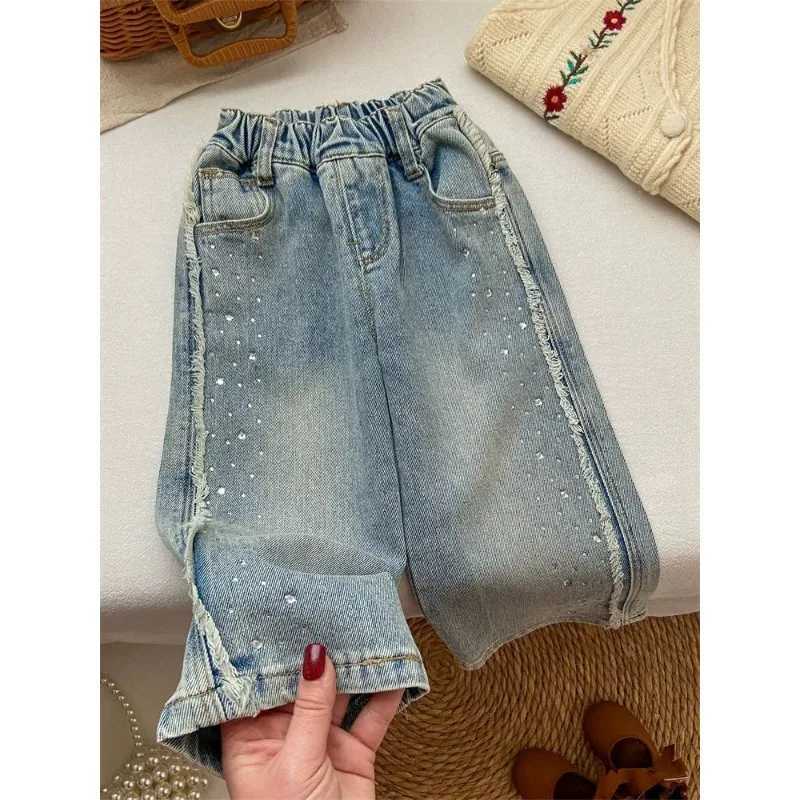 Girls Jeans Spring Wide Leg Pants Fashionable and Exquisite Rhinestone Sparkling Long Pants Fashionable Straight Leg PantsT251017