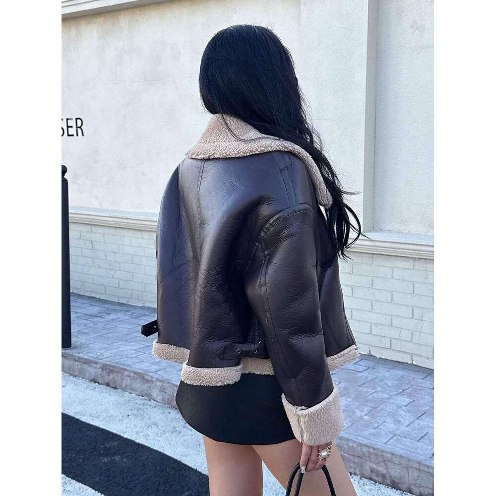 Shein Men's Jackets INDEFEIR Winter New Women's Short Warm Reversible Biker Jacket Brown Breathable Leather Sheepskin Large Lapel Coat