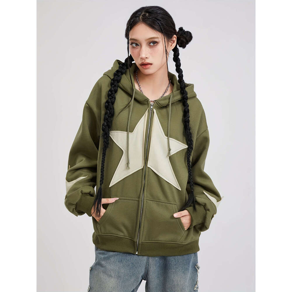 Women's Casual Print Jacket - Long Sleeve Zip-Up Drawstring Hoodie, Olive Green With Beige Star Panels, Polyester Blend, Hine Washable, All-Seaso